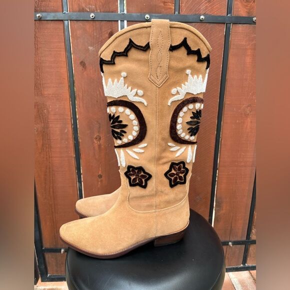 Free People Roundhouse Stitch Suede Embroidered Western Knee High Boots 38EU - Picture 5 of 10